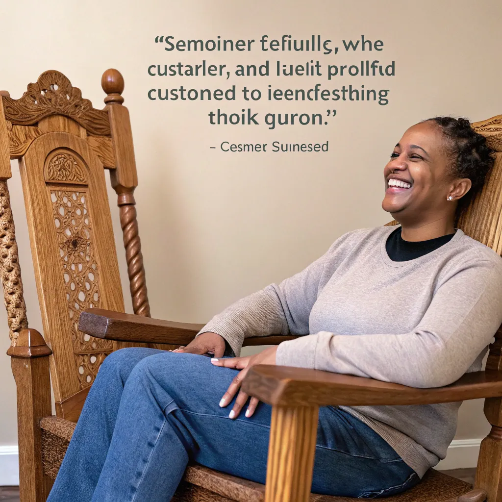 A satisfied customer smiling with a beautifully crafted wooden chair.
