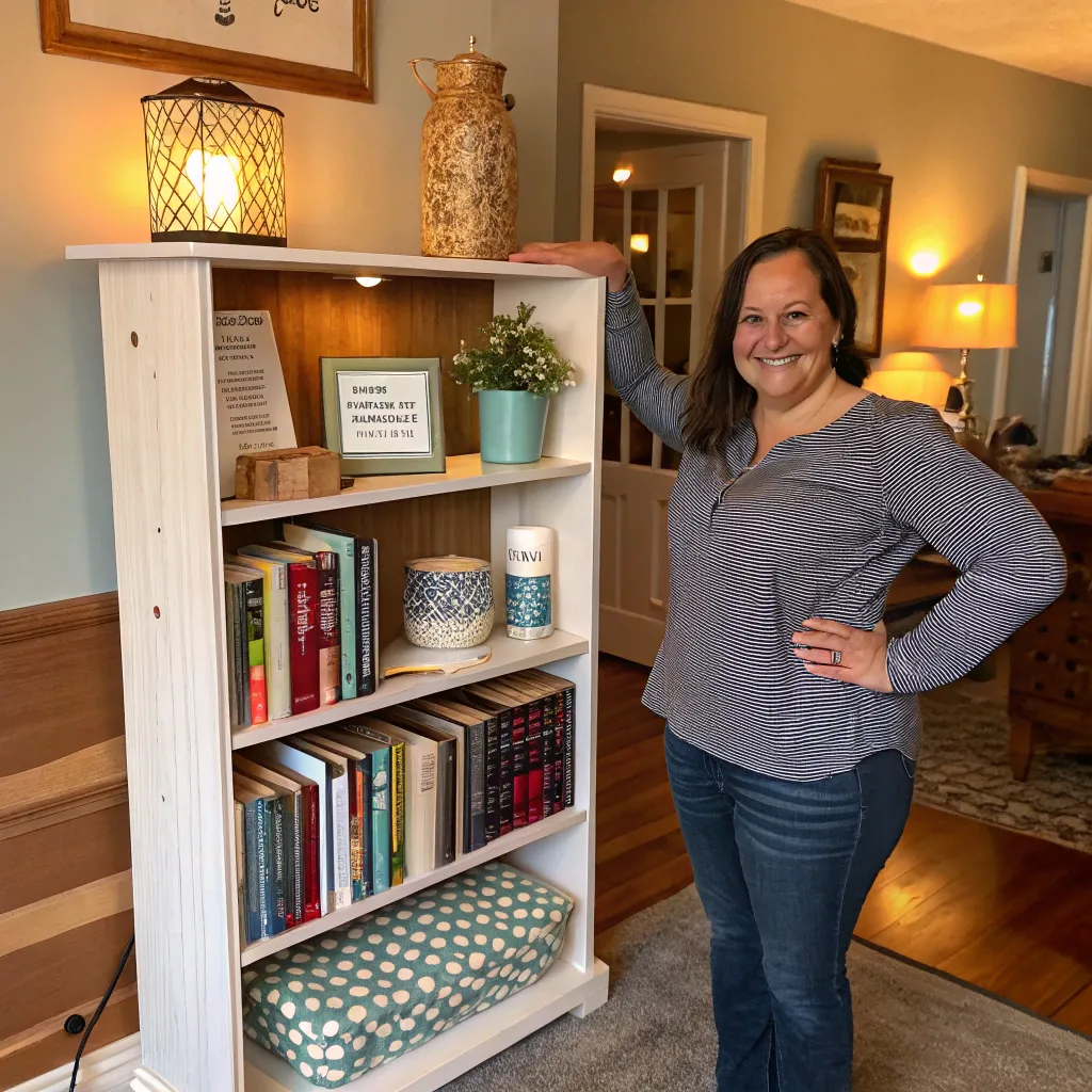A delighted customer showcasing their self-made bookshelf.