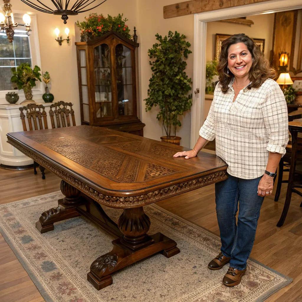 A happy customer standing next to their handcrafted dining table.